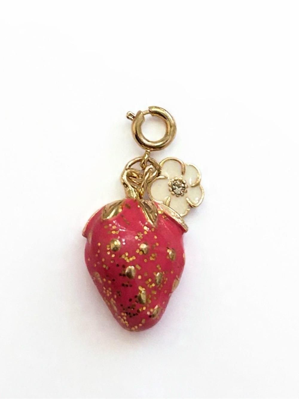 Gold-Tone Pink Strawberry Charm with Flower Accent